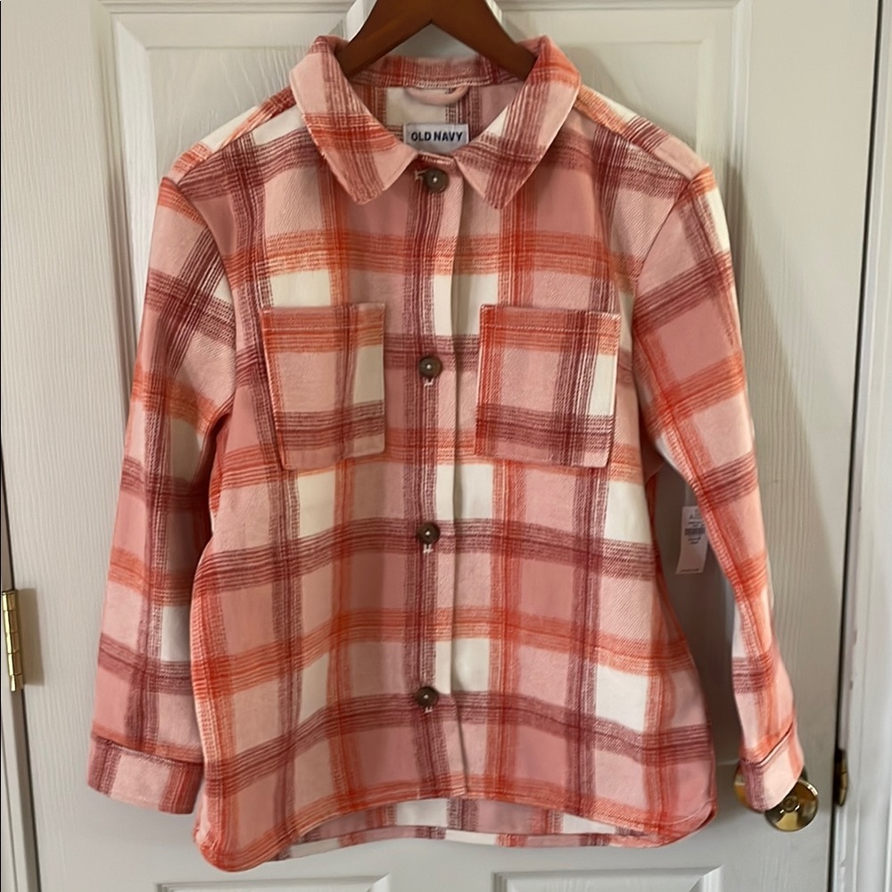 Old Navy Girls Plaid Shacket - Pink, Orange, and White